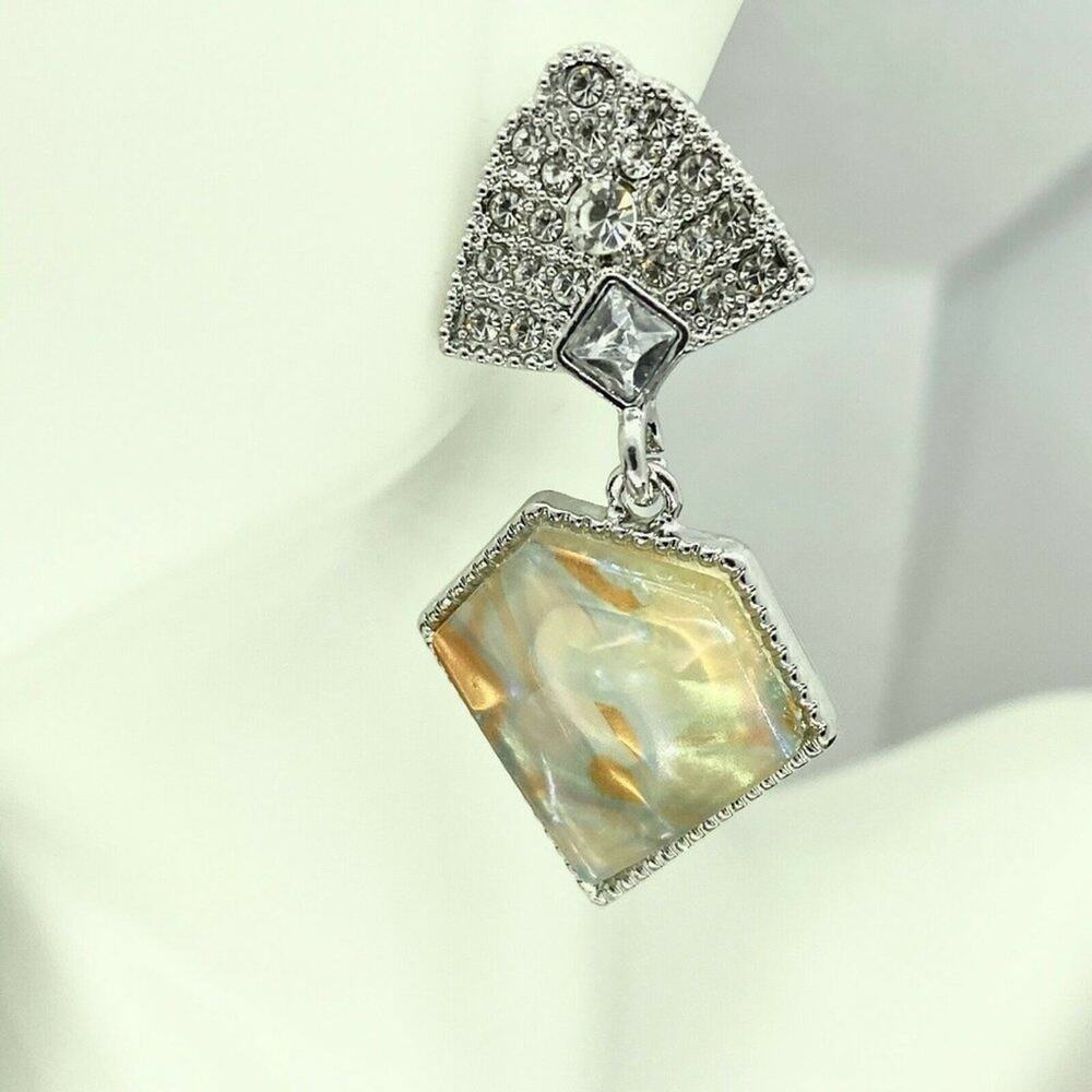 Silver Crystal Abalone Colored Stone Dangle Earrings